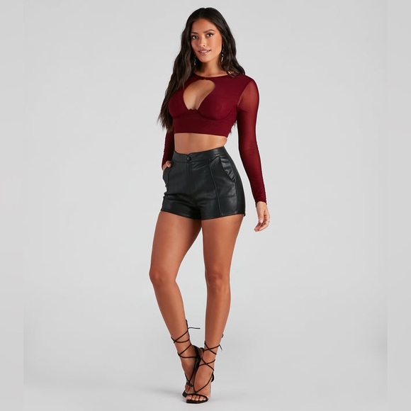 Maroon Mesh Cut Out Crop Top - Picture 1 of 1